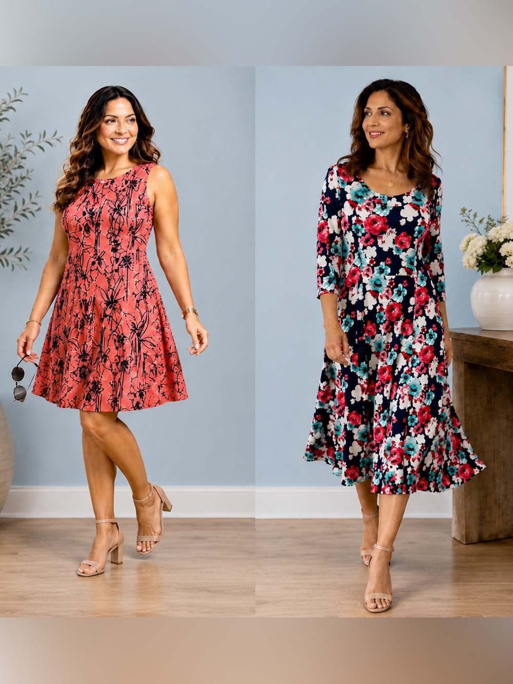 Two Floral Dresses XL Coral Pink Worthington and Navy Blue Avital New